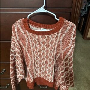 BKE Women's Cable Knit Sweater - Rust and Cream